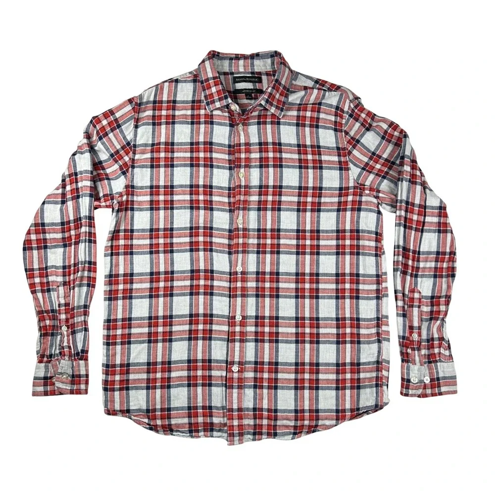 Banana Republic Mens‎ Untucked Slim Fit Plaid Button Down Shirt Red Blue Large